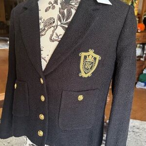 NWT Zara Womens Sz L Blazer Jacket Black Textured Cropped Gold Button Insignia